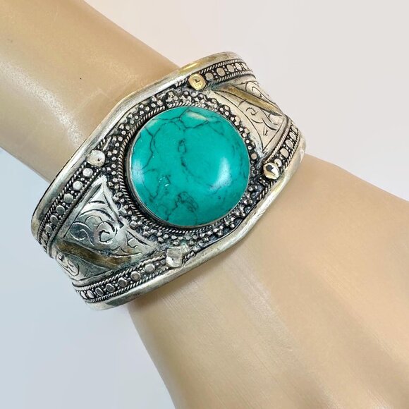 Jewelry - Vintage Kuchi Cuff Bracelet: Afghan Tribal Jewelry, Green Jasper Composite